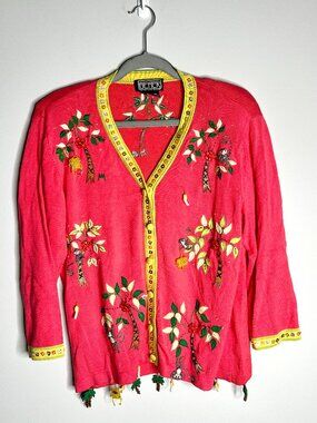 Vtg Berek Beaded 3D Art Grannycore Cardigan Sweater Monkey Fruit Trees Novelty M
